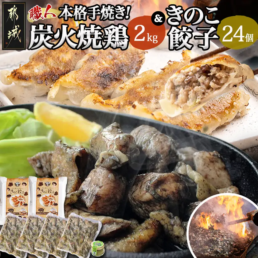 本格手焼き!炭火焼鶏(500g×4P)&きのこ餃子セット〔MJ-1424〕_(都城市) 鶏肉 炭火焼き 小分け おつまみ 宮崎 餃子 きのこ 冷凍 柚子胡椒