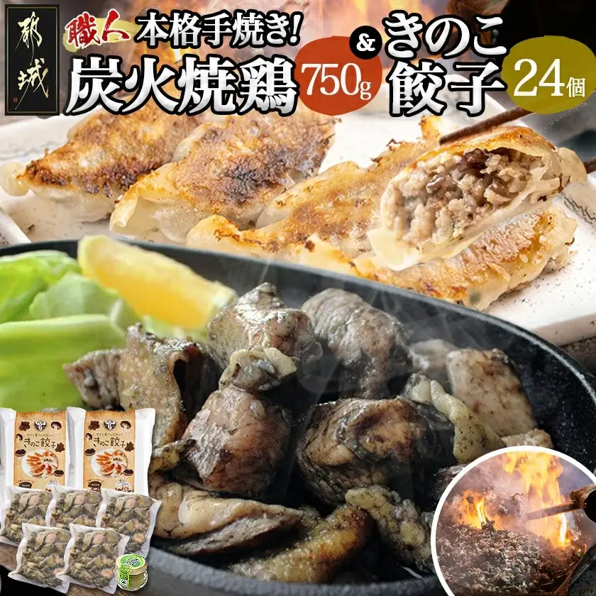 本格手焼き!炭火焼鶏(150g×5P)&きのこ餃子セット〔11-1403〕_(都城市) 鶏肉 炭火焼き 小分け おつまみ 宮崎 餃子 きのこ 冷凍 柚子胡椒