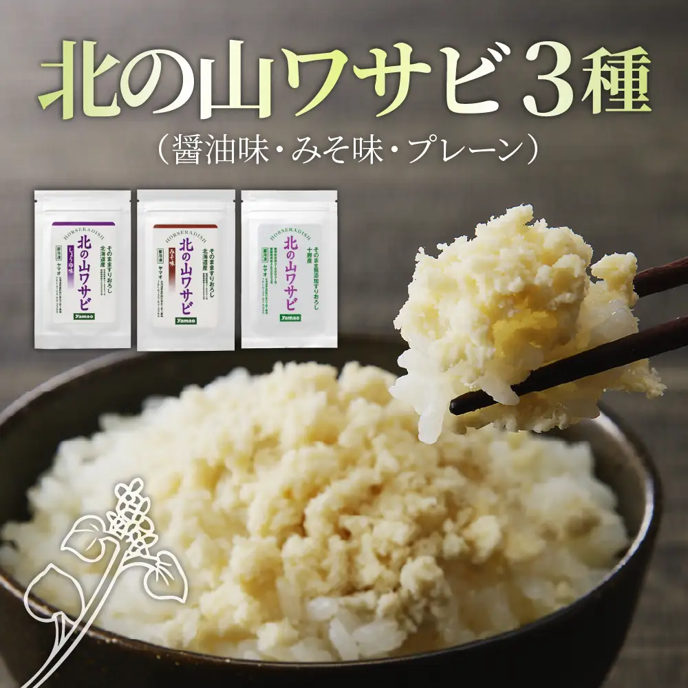 北の山ワサビ 3種（醤油味・みそ味・北の山わさびプレーン）ホースラディッシュ 西洋わさび 山葵 すりおろし 真空パック 冷凍便 薬味 国産 北海道 十勝 芽室町me011-012c