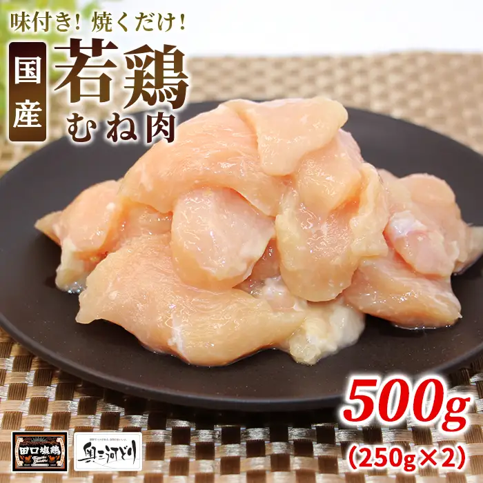 奥三河どり使用！ 田口塩鶏 味付け むね肉 500g 塩ダレ ムネ肉 味付け肉 鶏肉 鶏 肉 キャンプ バーベキュー 味付け肉 大容量 手軽 焼くだけ 地鶏 焼肉 焼き鳥 -175