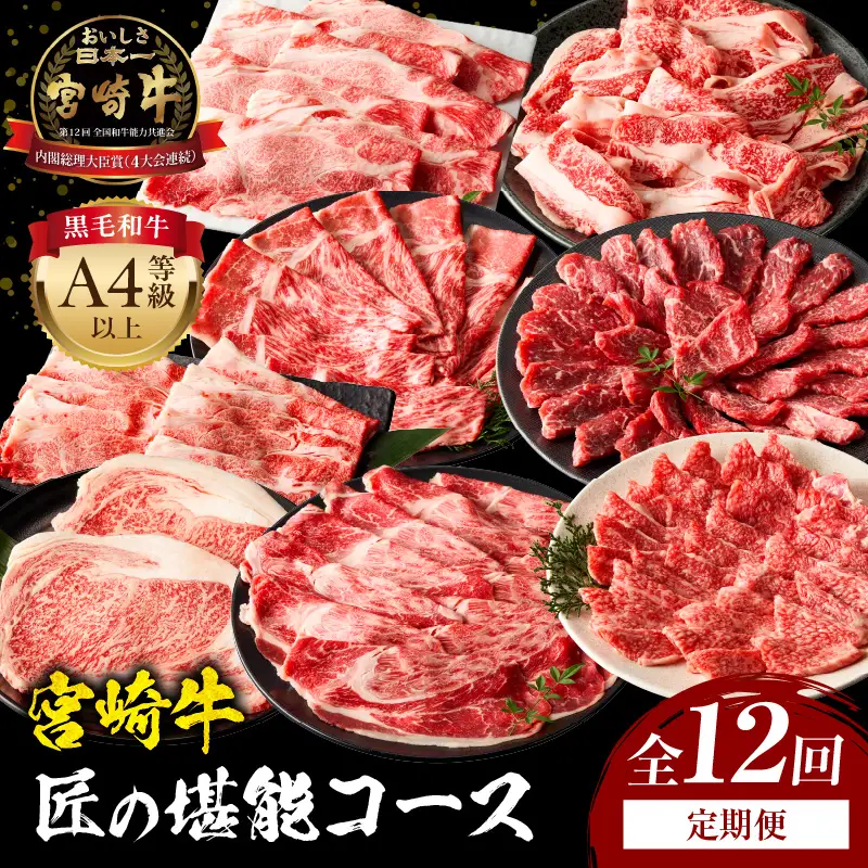 【定期便全12回】宮崎牛 匠の堪能コース 宮崎牛 黒毛和牛 切り落とし 赤身 しゃぶしゃぶ ロース カルビ 焼き肉 焼肉 スライス ステーキ 冷凍 毎月 定期便
