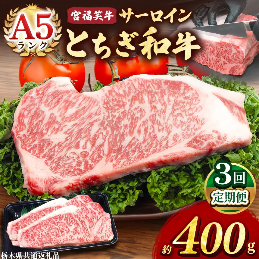 【定期便3回】宮福笑牛(とちぎ和牛) A5 サーロインステーキ 約200gx2枚