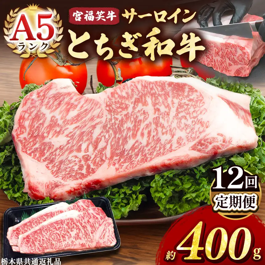 【定期便12回】宮福笑牛(とちぎ和牛) A5 サーロインステーキ 約200gx2枚