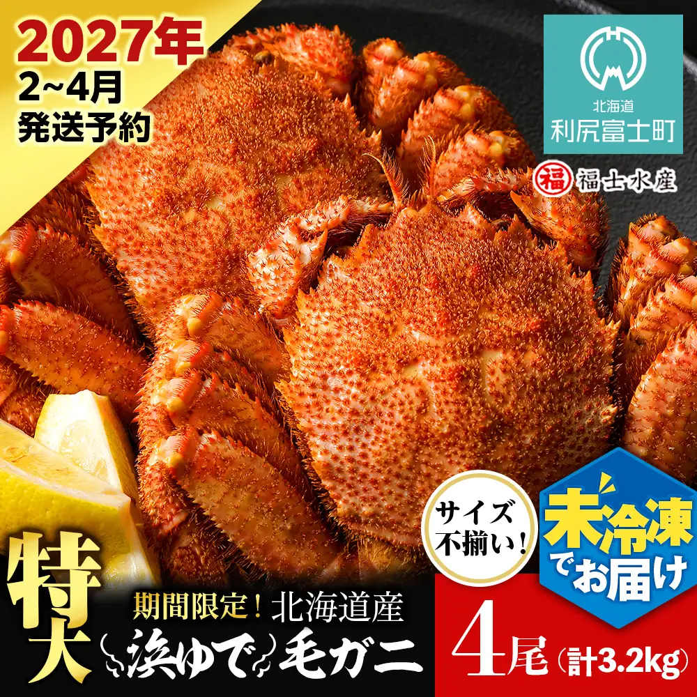 【2027年発送予約】チルドでお届け！ 浜茹で毛ガニ特大４尾（不揃い合計約3.2kg） 〈福士水産〉