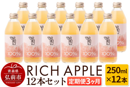 【定期便3ヶ月】RICH APPLE りんごジュース12本セット（250ml×12本×3回）【飲料類 果汁飲料】