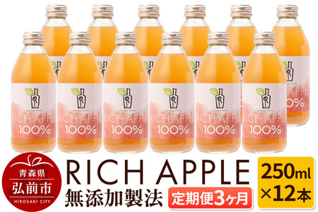 【定期便3ヶ月】RICH APPLE 無添加製法 りんごジュース12本セット（250ml×12本×3回）【飲料類 果汁飲料】