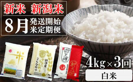 【先行予約・令和8年産新米定期便・8月下旬～発送】新潟米 3種食べ比べ 白米 4kg×3回（計 12kg）葉月みのり・コシヒカリ・新之助 水田環境鑑定士在籍[Y0196]