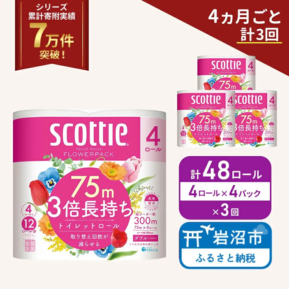 定期便 トイレットペーパー ダブルスコッティ 3倍長持ち 4ロール入 × 4パック フラワーパック 香り付き 《 4ヶ月ごと 計  3回 》