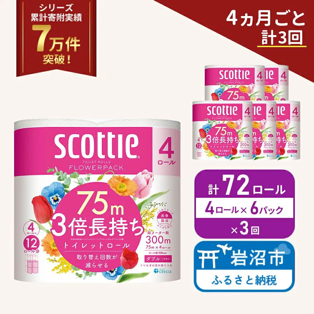 定期便 トイレットペーパー ダブル スコッティ 3倍長持ち 4ロール入 × 6パック フラワーパック 香り付き 《 4ヶ月ごと 計  3回 》