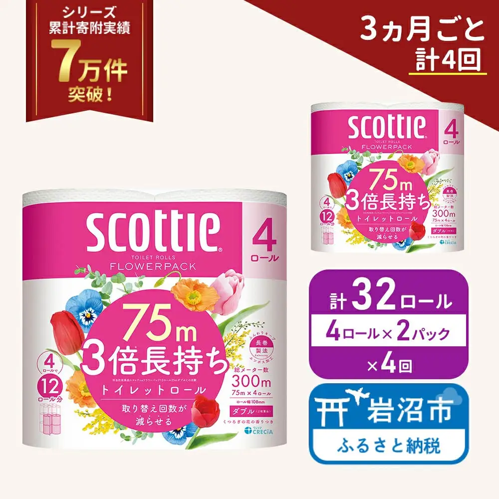 定期便 トイレットペーパー ダブル スコッティ 3倍長持ち 4ロール入 × 2パック フラワーパック 香り付き 《 3ヶ月ごと 計  4回 》
