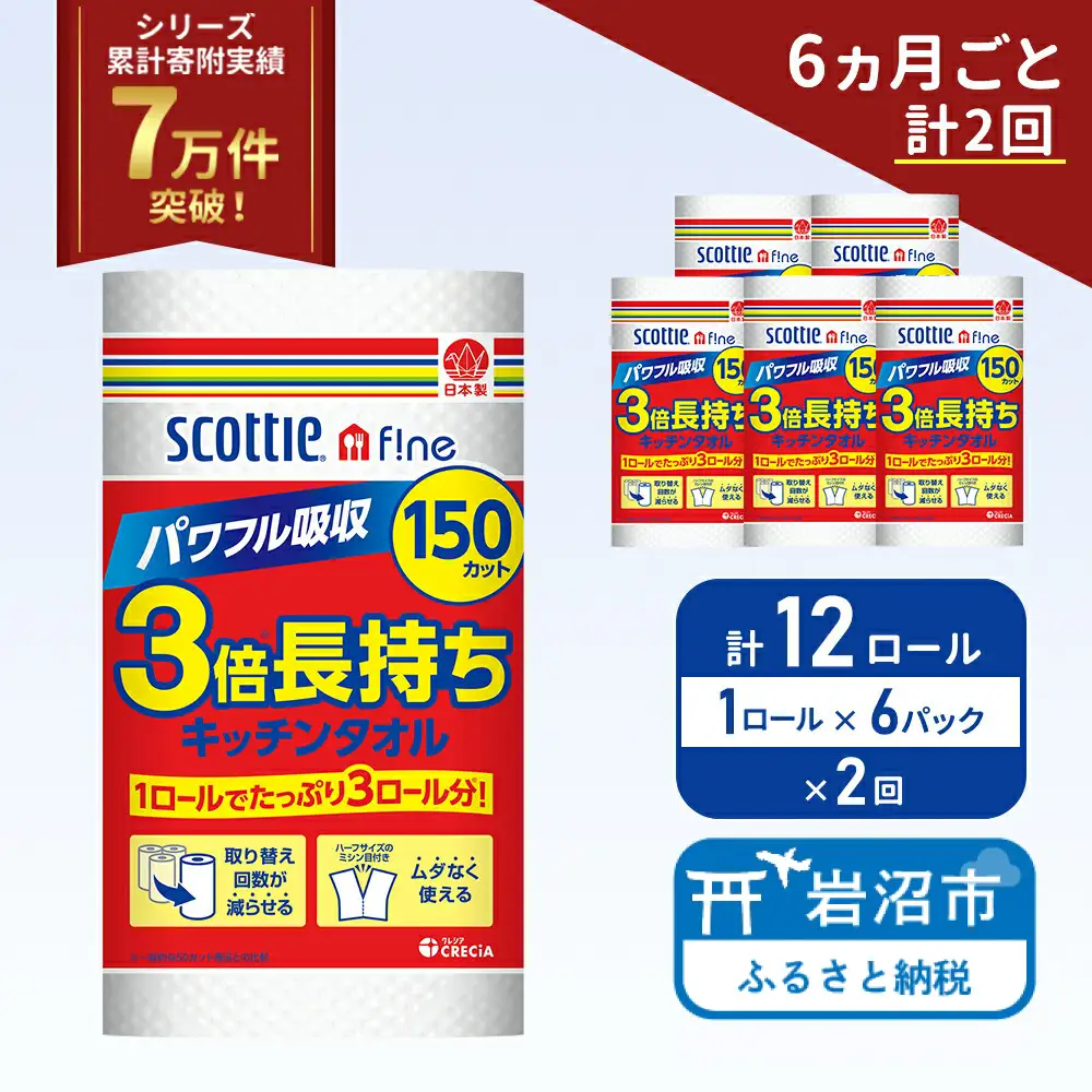 定期便 キッチンペーパー 6パック入 キッチンタオル スコッティ ファイン 1 ロール 3倍 150カット セット《 6ヶ月ごと 計  2回 》