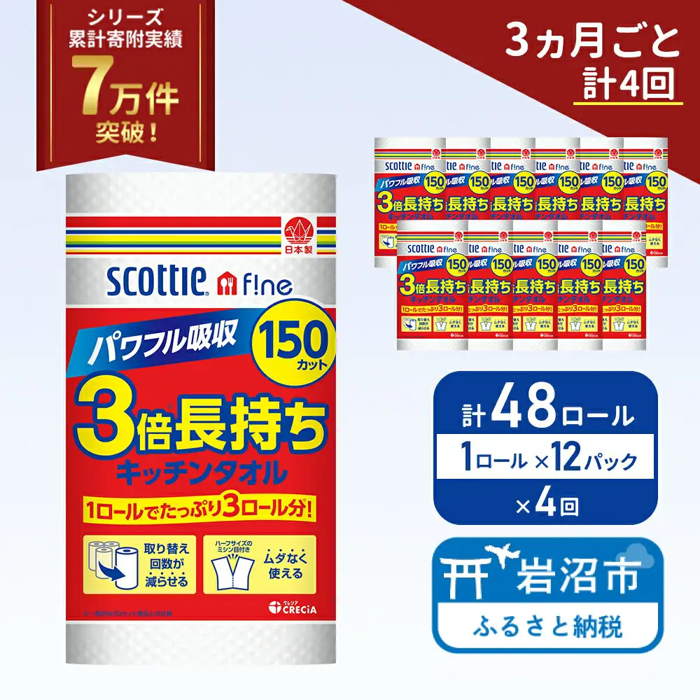 定期便 キッチンペーパー 12パック入 キッチンタオル スコッティ ファイン 1 ロール 3倍 150カット セット《 3ヶ月ごと 計  4回 》
