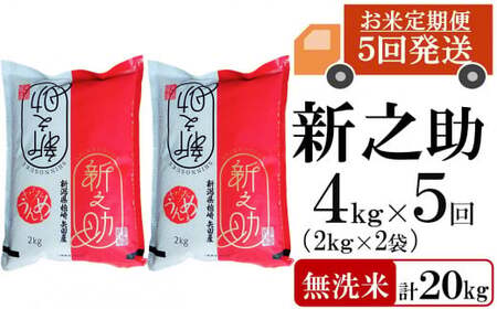 新米先行予約【令和8年産米・5ヶ月定期便】新之助 無洗米 4kg（2kg×2袋）×5回（計 20kg）ヤタらうんめぇお米 水田環境鑑定士在籍 しんのすけ[Y0183]