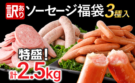 訳あり！特盛！ソーセージ食べ比べまんぷく福袋 合計2.5kg！ おかず 惣菜 ウインナー ソーセージ 3種 大容量 粗挽き お弁当 食べ比べ 冷凍 ストック おつまみ 博多の薫り やみつきJUMBO ボロニア