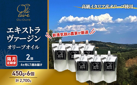 テレビで紹介されました!【受賞農家が選出】 高級イタリア産 エキストラ・ヴァージン・オリーブオイル 450g×6個【隔月定期便2回(4ヶ月に1度)お届け】 調味料 油 オリーブ油 食用油 静岡県 袋井市
