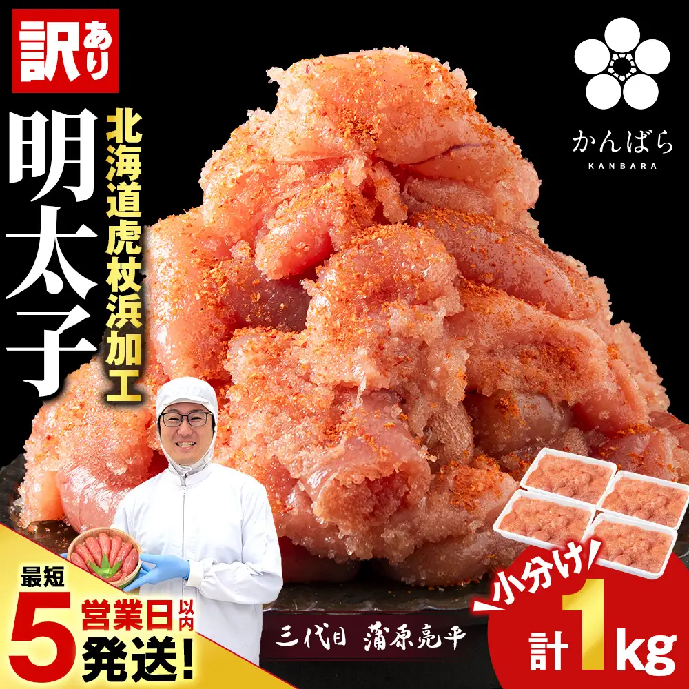 虎杖浜仕込み辛子明太子 不揃い訳ありきれ子 小分け明太子250g×4個 簡易包装 1kg AF059