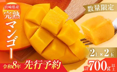数量限定 宮崎県産 完熟マンゴー 2L×2玉 計700g以上 期間限定 フルーツ スイーツ 果物 くだもの 食品 グルメ デザート 国産 産地直送 人気 おすすめ おやつ 高級 ご褒美 贅沢 贈り物 ギフト プレゼント 令和8年発送分 宮崎県 日南市 送料無料_C142-25