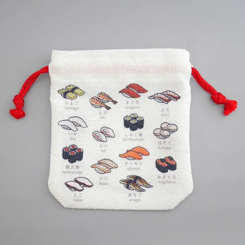 丹後ちりめん　にほんご巾着「sushi（寿司）」 サイズ：約13.5cm×17.5cm