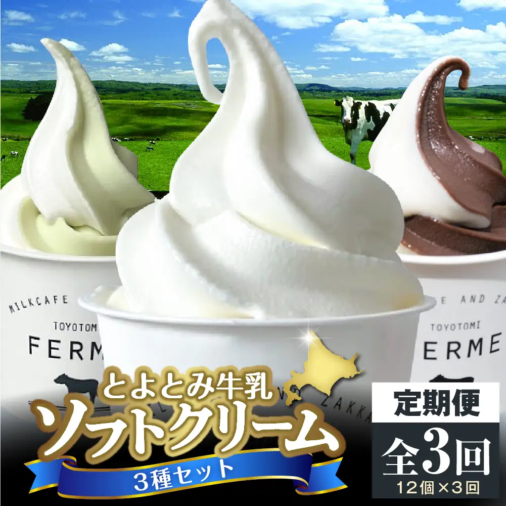 【3か月定期便】とよとみ牛乳ソフトクリーム【ミルク／ショコラミックス／季節のミックス 各120ml 計12個】