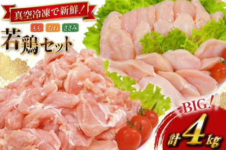 鶏肉 業務用 宮崎県産 若鶏 もも切身 300g 6p むね切身 300g 4p 筋なし ささみ 250g 4p 計4kg セット [TRINITY 宮崎県 日向市 452061336]