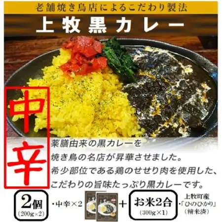 【ご当地カレー】上牧黒カレー(中辛)2個+地元米(ひのひかり)2合をセット【1439531】