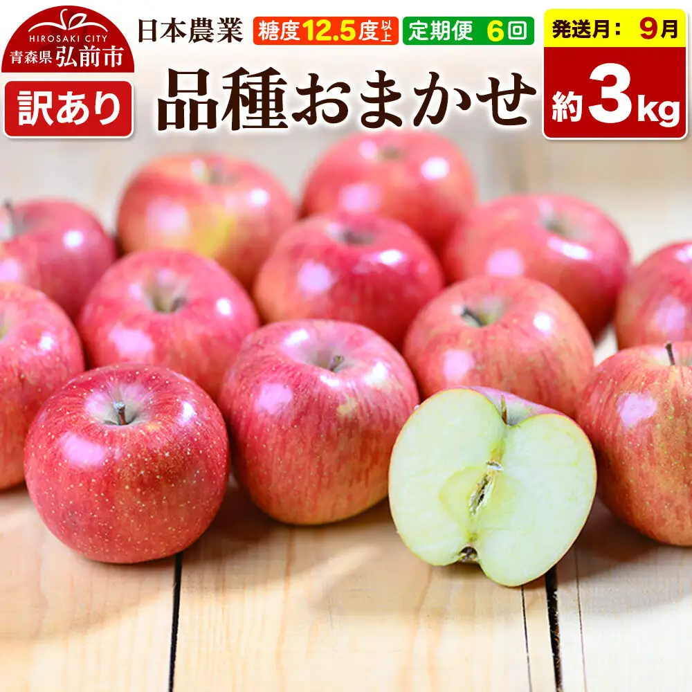 【26年9月～発送】《定期便6ヶ月》りんご 品種おまかせ【訳あり】約3kg 平均糖度12.5度以上【9月～2月】 6回分 青森 果物 フルーツ 林檎 リンゴ くだもの 不揃い 規格外