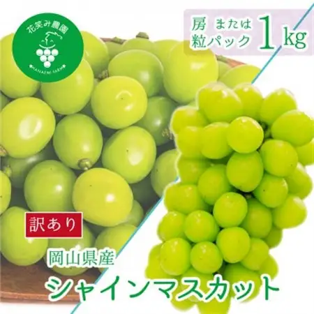 岡山　花笑み農園の『訳ありシャインマスカット』1kg　WS-1【配送不可地域：離島・北海道・沖縄県】【1628321】