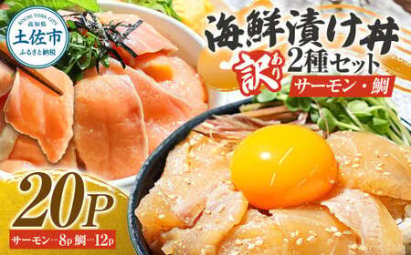 訳あり 海鮮漬け丼 タイ12P・サーモン8Pセット 1袋60g 真鯛 タイ サーモン 詰め合わせ お茶漬け 醤油 漬け 食べ比べ おつまみ 惣菜 鯛茶漬け 魚介類 海鮮【企業組合　宇佐もん工房】 [BQAB038]