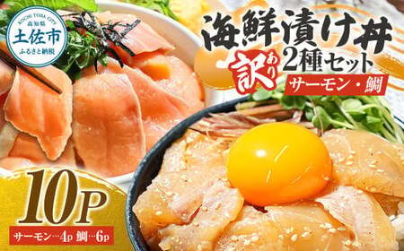 訳あり 海鮮漬け丼 タイ6P・サーモン4Pセット 1袋60g 真鯛 タイ サーモン 詰め合わせ お茶漬け 醤油 漬け 食べ比べ おつまみ 惣菜 鯛茶漬け 魚介類 海鮮 新鮮【企業組合　宇佐もん工房】 [BQAB037]