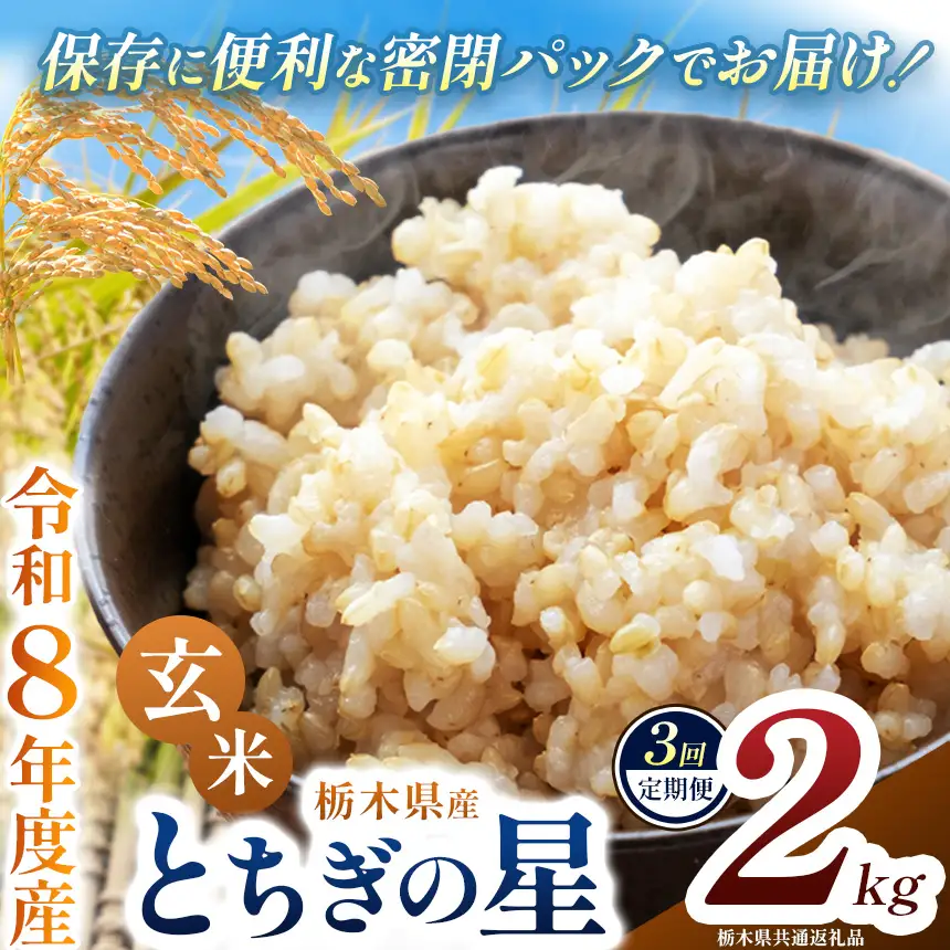 【定期便3回】令和8年度 新米 栃木県産 とちぎの星 2kg 玄米 密閉パック | BG 栃木県 下野市