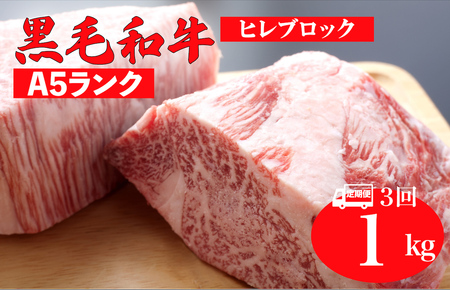 【3回定期便】国産 黒毛和牛 ヒレブロック 1kg A5 ヒレブロック