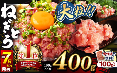 ねぎとろ 400g（100g×4袋） 本州限定発送 簡易包装 スピード発送 | 清幸丸水産 最短7日以内発送 ユッケ 大人気 手巻き寿司 海鮮丼 マグロのユッケ まぐろ 海鮮 小分け 100g パック 千葉県 君津市