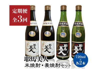 【定期便3回】「耶馬美人」720ml 25度 米 2本 720ml 25度 麦 2本 (4本セット) | お酒 耶馬美人 日本酒 地酒 焼酎 米焼酎 麦焼酎 各2本 4本 呑み比べ 飲み比べ 晩酌 焼酎セット セット 定期 定期便 大分県 中津市