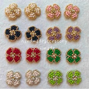 ビーズ 刺繍 お花 :イヤリング 赤 ジュエリー アクセサリー chiimade