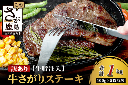 【訳あり】牛さがりステーキ 牛脂注入 100g ×5枚×2袋 合計1kg　柔らかさと溢れる旨さが自慢のお肉 牛肉 ステーキ 冷凍肉 大容量 加工肉 ふるさと納税 佐賀県 鹿島市　B-852