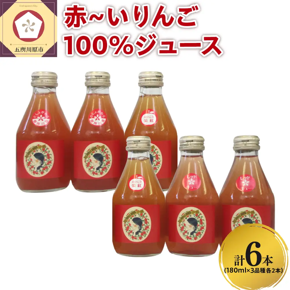 りんごジュース 飲み比べ 180ml×6本（3種×2本） りんご 果汁 100％ ストレート りんごジュース飲み比べセット 青森 中まで赤～いりんご