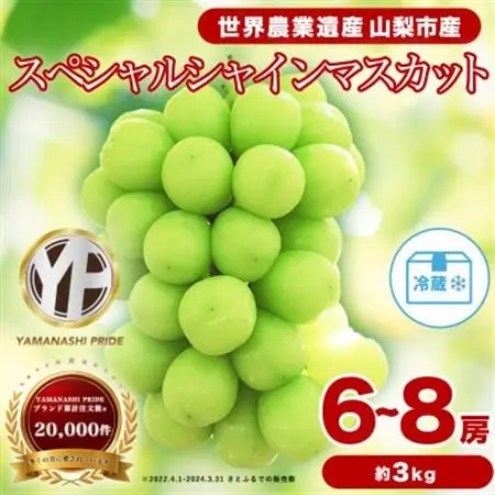 2026年発送 フルーツ王国山梨 シャインマスカット 6～8房(約3kg) 約1.5kg×2箱【配送不可地域：離島】【1632337】
