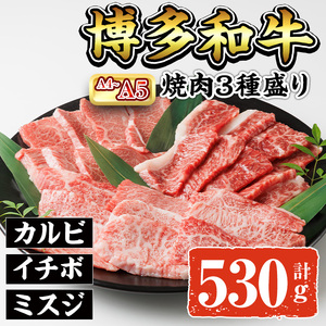 A4~A5 博多和牛焼肉用3種盛りセット (合計530g) 牛肉 肉 お肉 精肉 国産牛 ブランド牛 和牛 希少部位 赤身 霜降り ミスジ 小分け パック 使い勝手 冷凍 焼肉 セット 盛り合わせ BBQ アウトドア キャンプ グルメ おすすめ 人気【ksg1766】【朝ごはん本舗】