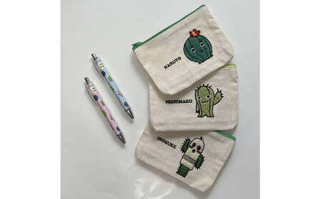 春日井サボテンキャラクターのサガラ刺繍ポーチとボールペン　各１個のセット