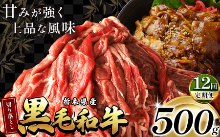 【定期12回】栃木県産黒毛和牛切り落とし 500g  | 定期便 12回 霜降り 肉 和牛 黒毛和牛 栃の木黒牛 切り落とし とろける 品質 柔らかく 銘柄牛 美味しい 特産品 ふるさと 納税 栃木県 那珂川町 送料無料