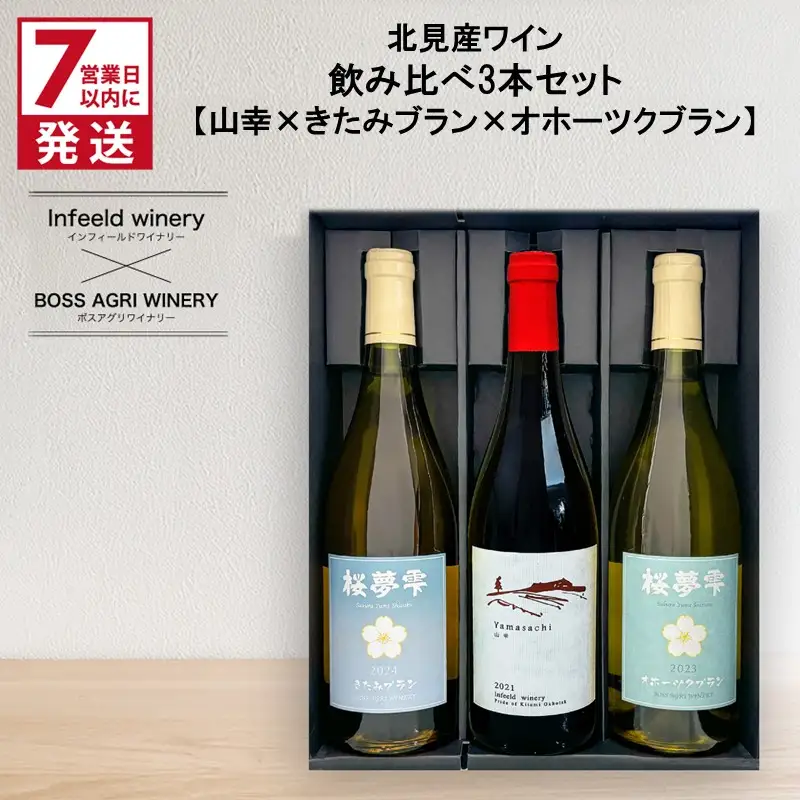 《7営業日以内に発送》北見産ワイン 飲み比べ3本セット（山幸×きたみブラン×オホーツクブラン） ( ワイン 赤ワイン 白ワイン 熟成白ワイン セット 飲み比べ 山幸 きたみブラン オホーツクブラン ギフト 贈り物 )【186-0014】