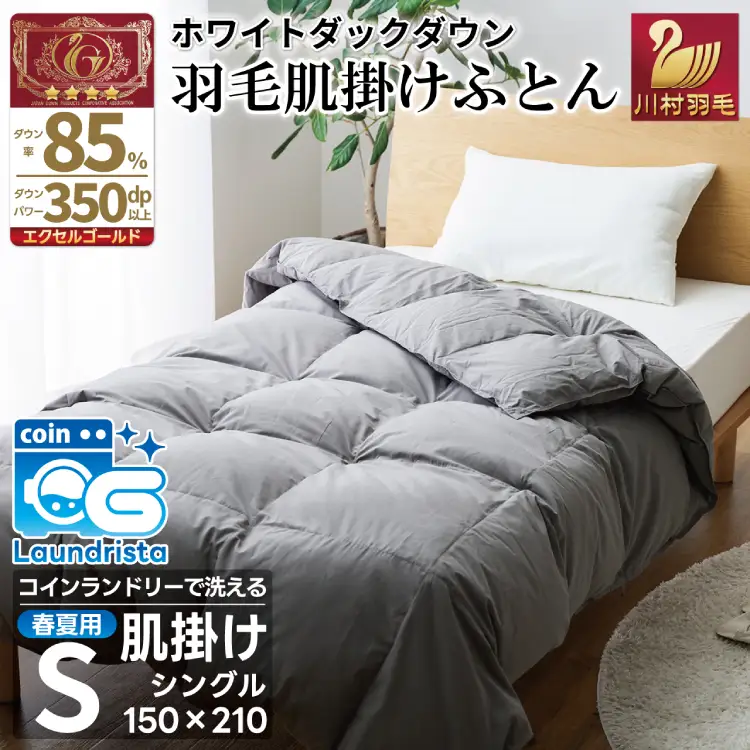 【春夏用】洗える！ 羽毛 肌掛け布団 シングル ホワイトダックダウン 85% 0.3kg (無地 グレー) [川村羽毛 山梨県 韮崎市 20745100]