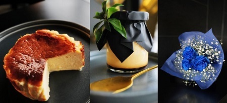 048-017　お花屋さんの下諏訪バスクチーズケーキ＆下諏訪町プリン8個＆青いバラ3本とかすみ草の花束
