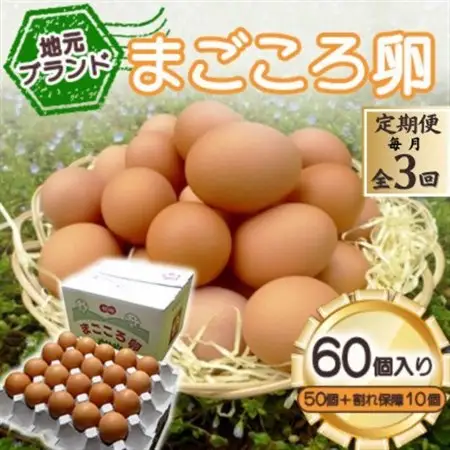 【毎月定期便】「地元ブランド」まごころ卵60個入り(卵50個と割れ保障10個)　鶏卵(生食用)全3回【配送不可地域：離島】【4070042】