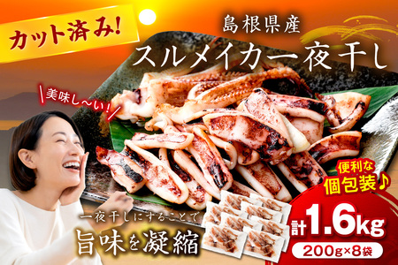 島根県産スルメイカ一夜干しカット済 計1.6kg（小分け200g×8袋） 産地直送 干物 一夜干し イカ 人気 大容量 小分け 国産 冷凍ストック 【005_2060】
