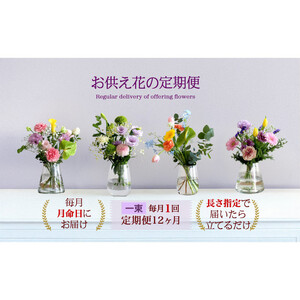675.【お供え花の定期便12ヶ月】お仏壇用生花（一束）を毎月月命日にお届けします。