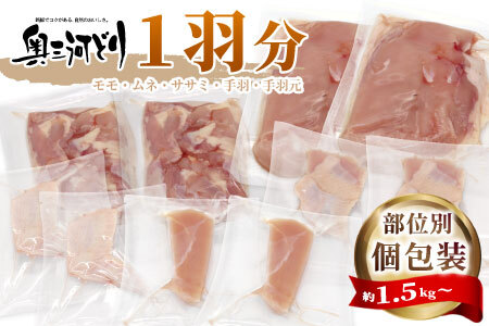 愛知県産 銘柄鶏 奥三河どり 1羽分 約1.5ｋｇ～1.8ｋｇ バラ 個包装 モモ むね ささみ 手羽元 手羽 鶏肉 もも肉 ムネ肉 国産 冷凍 チキン クリスマス パーティー バーベキュー BBQ アウトドア キャンプ  -218