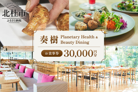 「奏樹 Planetary Health & Beauty Dining」食事券【30,000円分】  チケット 八ヶ岳 自社農園 オーガニック 栽培期間中農薬・化学肥料不使用 アルソア 女神の森 山梨県 北杜市 [h348]