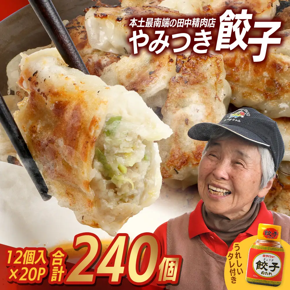 《リピーター続出！》佐多の田中肉屋 ニンニクたっぷりやみつき餃子 240個（12個入り×20パック） 餃子のタレ3本付き TA-2 | ぎょうざ 餃子 ギョウザ 豚肉 ひき肉 にんにく スタミナ餃子 焼くだけ 簡単 小分け 大容量 手作り お惣菜 おかず 冷凍 鹿児島県 南大隅町 田中精肉店