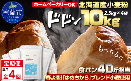 【毎月定期便】北海道産 「春よ恋」「ゆめちから」ブレンド小麦粉 パウダースノー（パン用強力粉）10kg 全4回 MROBI048
